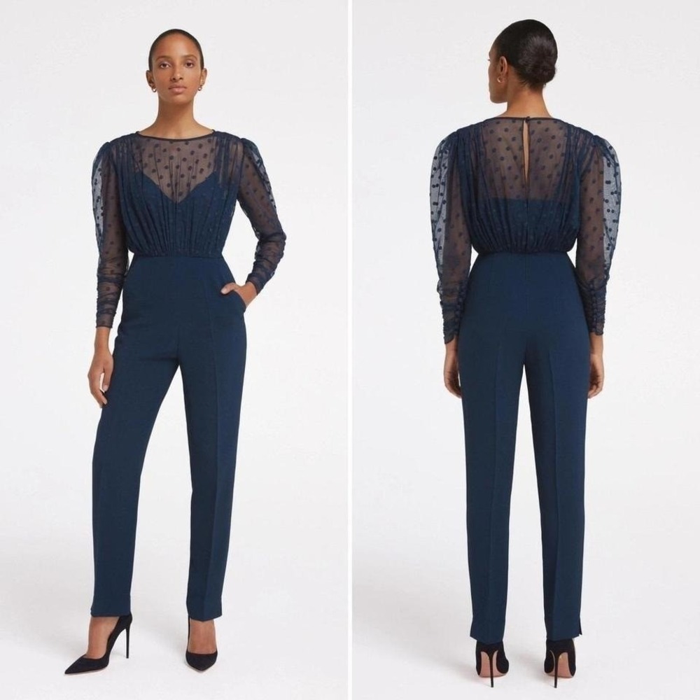 Saloni Bernadette Jumpsuit in Navy Blue Size 2 Sheer Embroidered Dot Chic Sexy - Picture 1 of 8